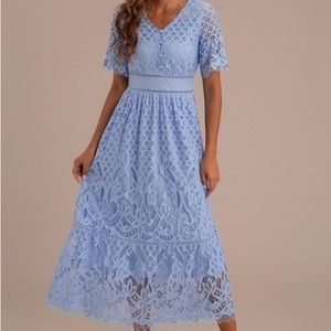 Half Sleeve V Neck Button Detail Lace Embroidery Midi Dress
